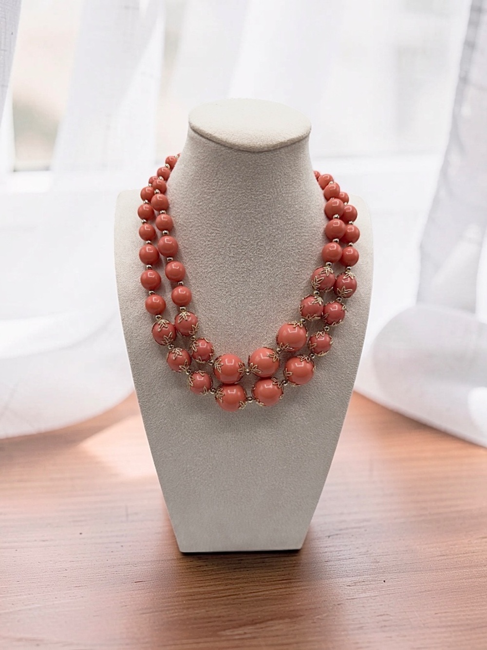 Coral Orange Beaded Double Strand Statement Necklace Gold Tone